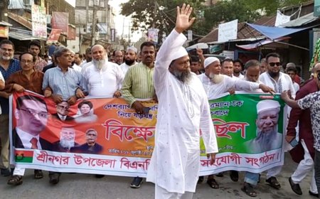 তারেক রহমানের বিরুদ্ধে ষড়যন্ত্র ও অপপ্রচারের প্রতিবাদে শ্রীনগরে বিক্ষোভ মিছিল