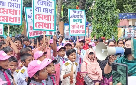 নীলফামারীতে বৃত্তি পরীক্ষায় কিন্ডারগার্টেন শিক্ষার্থীদের অংশগ্রহণের দাবিতে মানববন্ধন