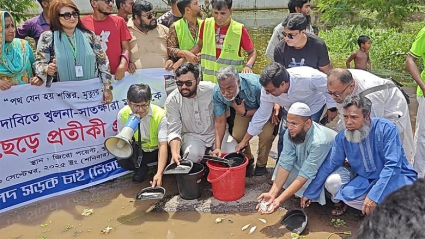 মহাসড়কে তৈরি হওয়া গর্তে মাছ ছেড়ে প্রতিবাদ