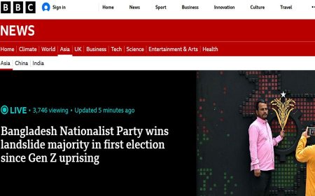 ব্রিটিশ সংবাদমাধ্যম বিবিসি নিউজের শিরোনাম  'বিএনপি'র ভূমিধস বিজয়'
